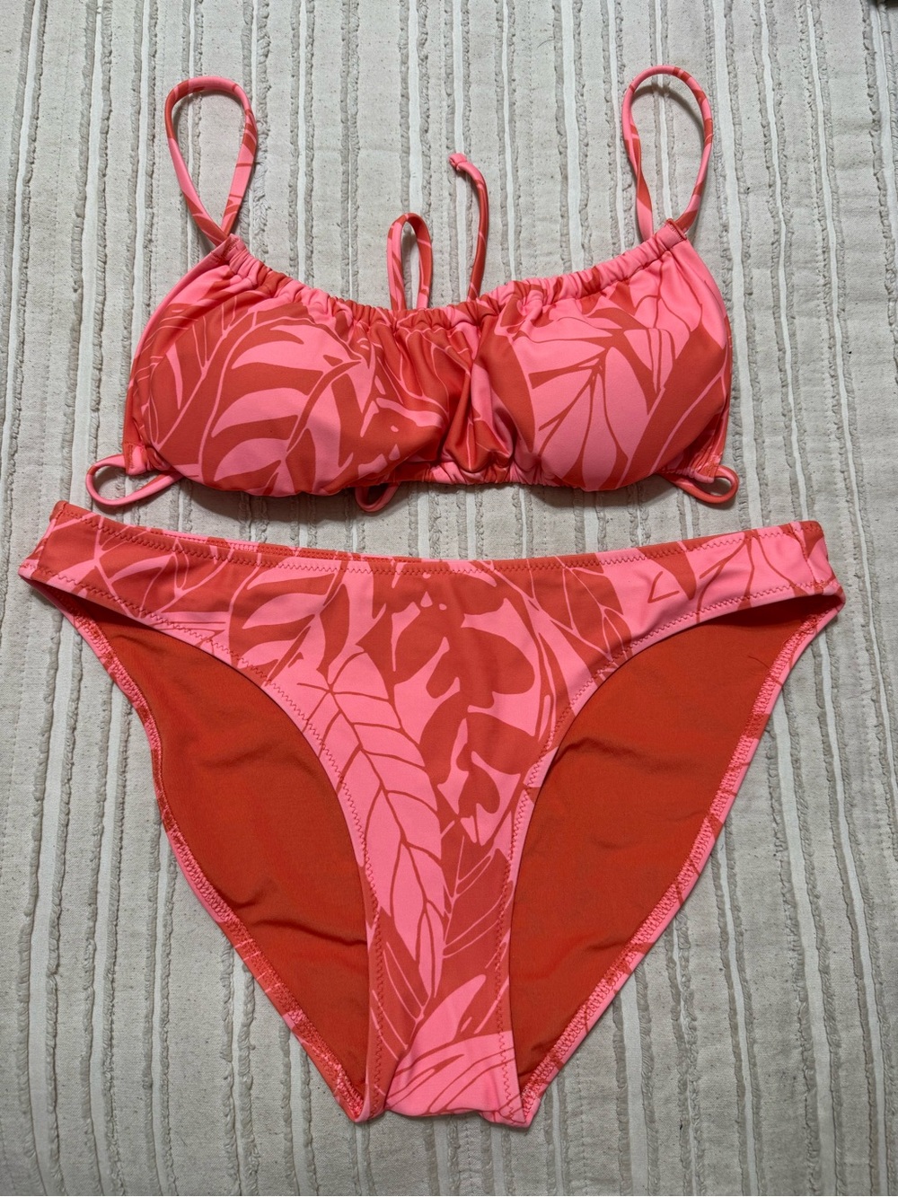 Aerie Coral Pink Leaf-Print Bikini Set